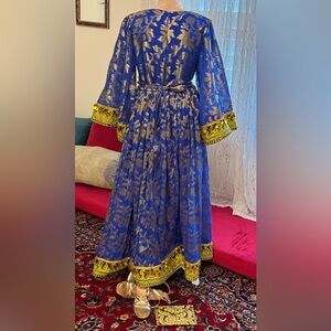 Elegant Blue and Gold Floral Dress